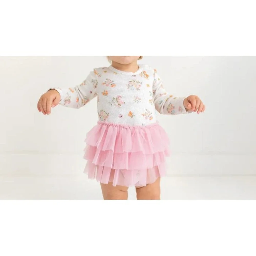 Posh Peanut Baby Girls Long Sleeve Tulle Tutu Floral Bodysuit in Clemence 12/18M